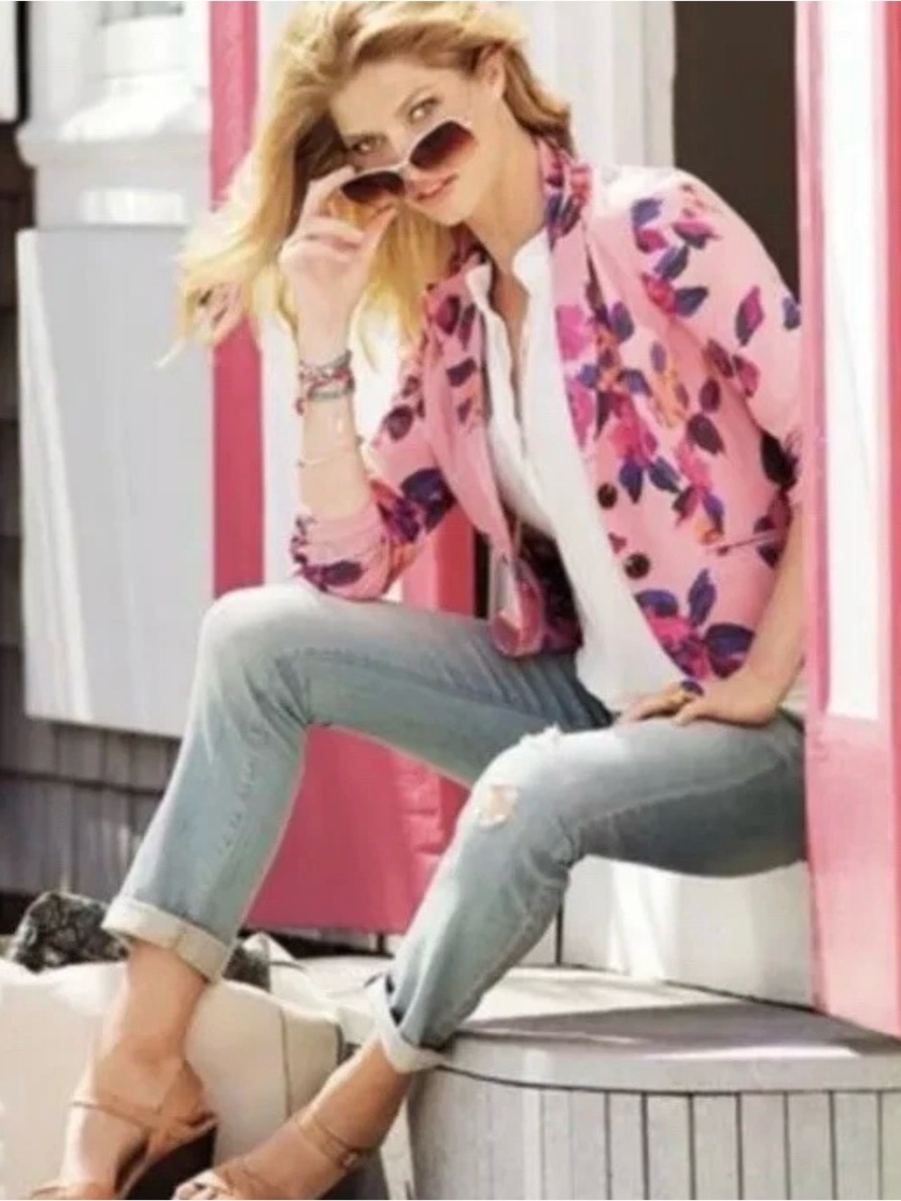 CAbi Pink Rose Garden Floral Print Two Button Cotton Blazer Women's Size US 10